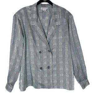 Jones New York Silky Double Breasted Long Sleeve Plaid Blouse